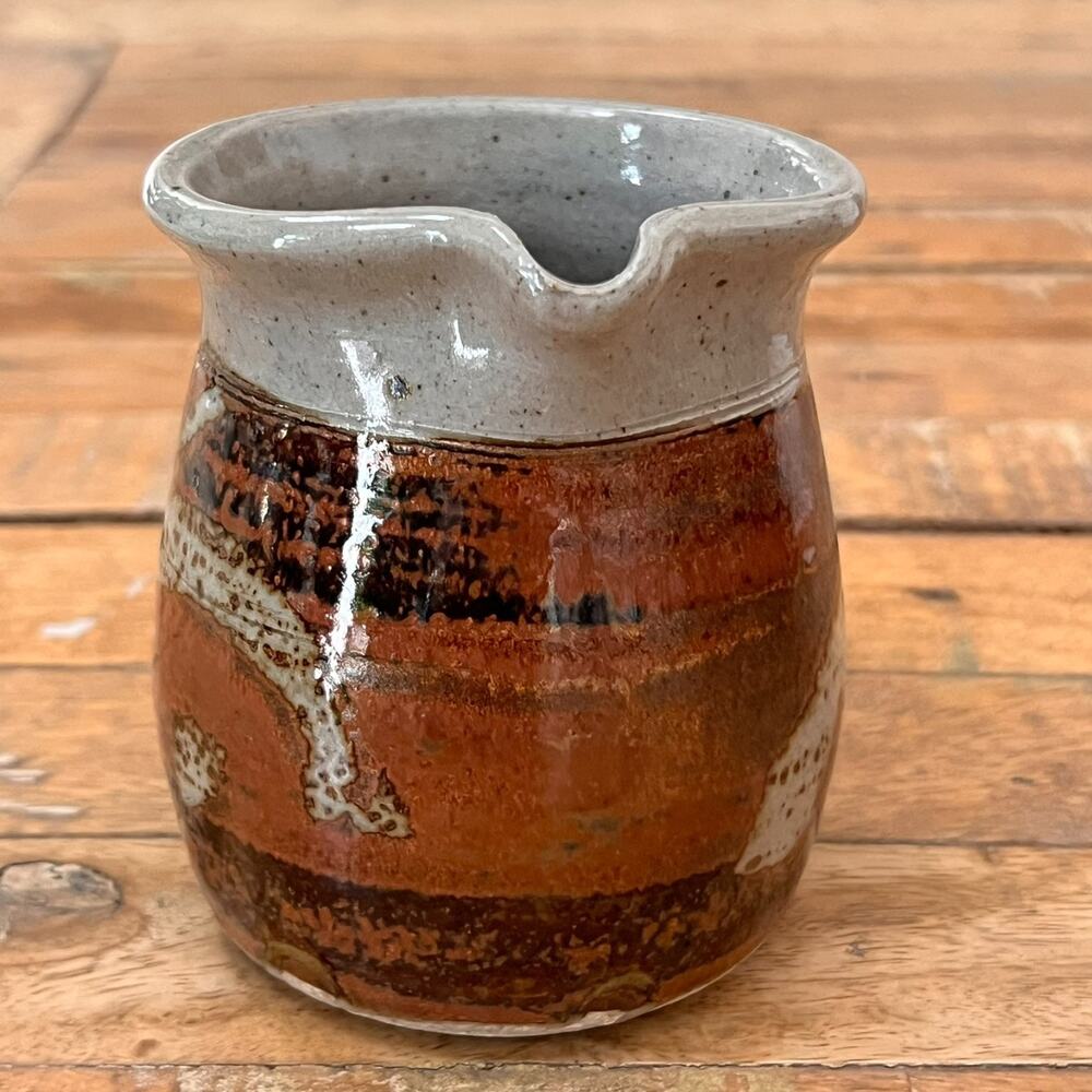 Studio Art Pottery Stoneware Creamer Cup 4" Rustic Brown Glaze Signed